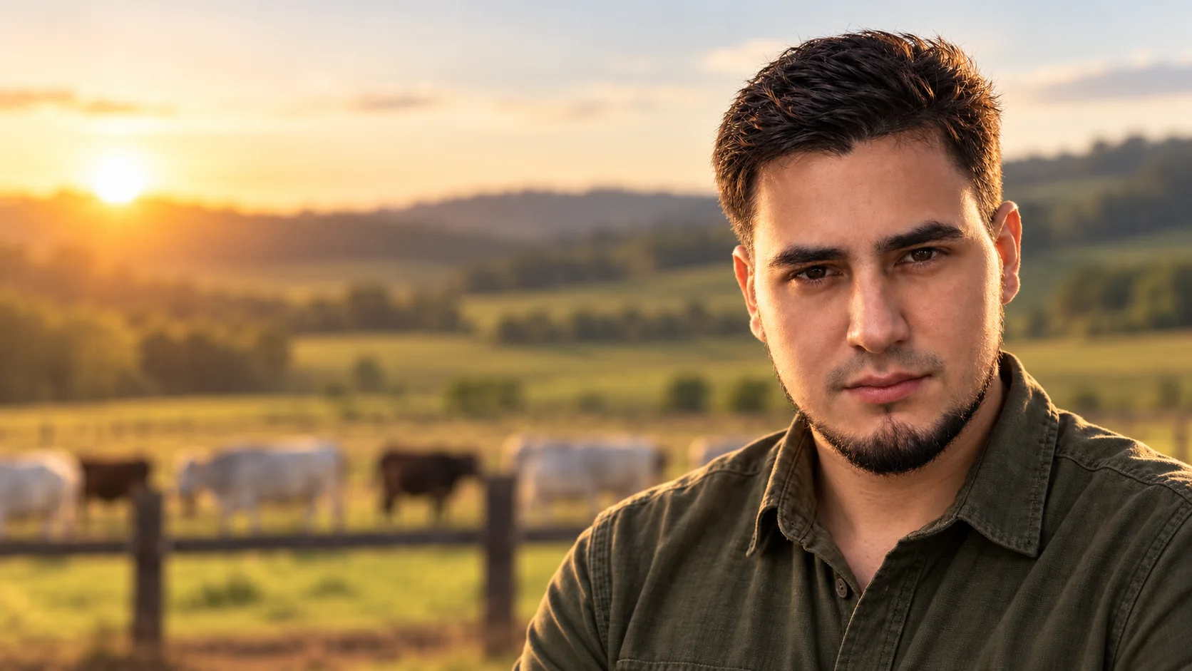 Retrato del Ing. Víctor Rivera en un paisaje ganadero al atardecer